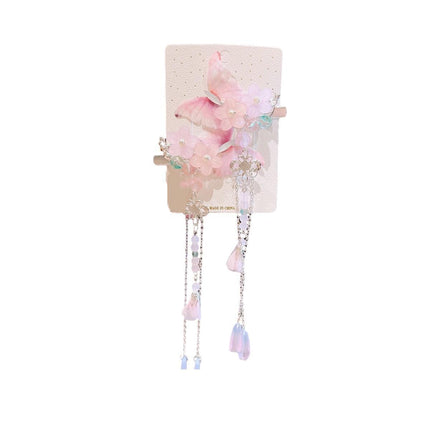 2Pcs Hanfu Flower Hair Clip Pearl Tassel Butterfly Hairpin Female/Children Party - Aimall