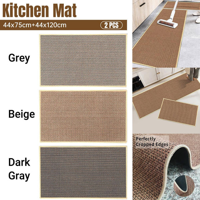 2PCS Absorbent Kitchen Floor Mat Non Slip Foldable Linen Rug with Rubber Backing