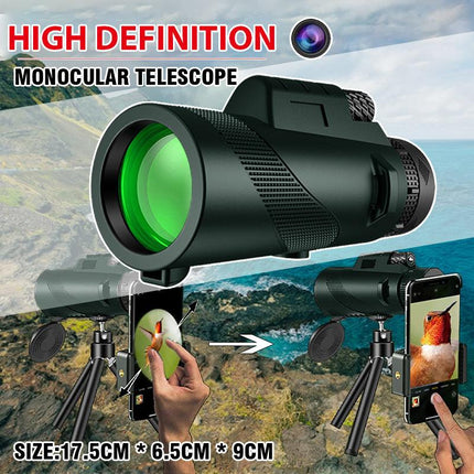 HD Monocular Telescope with Phone Holder and Tripod for Travel and Low Light Use