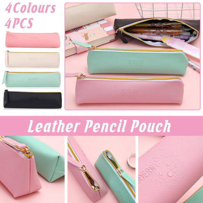 4PCS PU Leather Pen Pencil Case Makeup Cosmetic Bag Portable Storage Pouch AU