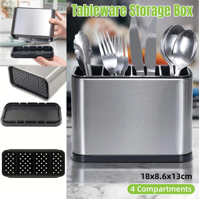 4Compartments Stainless Steel Cutlery Holder Chopsticks Storage Organizer Bucket