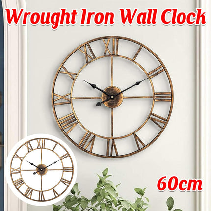 Home Retro Living Room Wrought Iron Wall Clock Nordic Decorative Clock Round Rome Mute Clock
