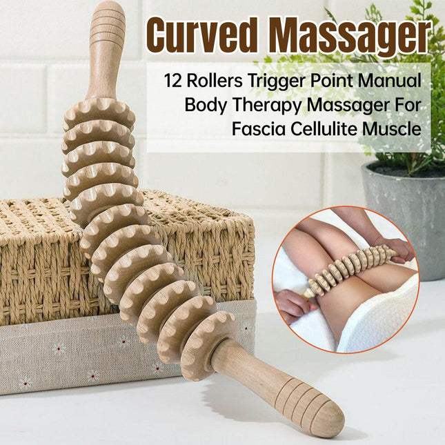 Wooden 12Roller Massage Stick Meridian Therapy Neck Back Thigh Muscle Relaxation