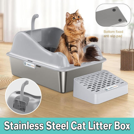 Stainless Steel Litter Box Durable Cat Litter Pan Open Design for Easy Cleaning
