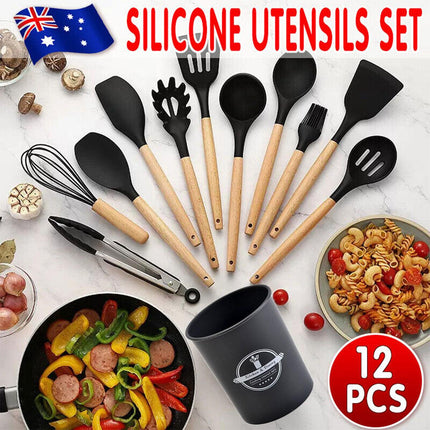 Set Of 12 Silicone Utensils Set Wooden Cooking Kitchen Baking Cookware Au  Stock