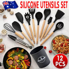 Set Of 12 Silicone Utensils Set Wooden Cooking Kitchen Baking Cookware Au  Stock