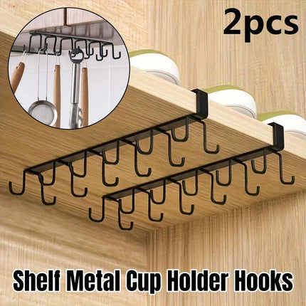 2pcs No Punch Cup Holder Double Row Hooks Mug Storage Rack for Kitchen Shelves