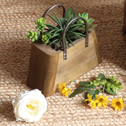 26cm Handbag Shape Flower Pot with Metal Handles in Natural Wood