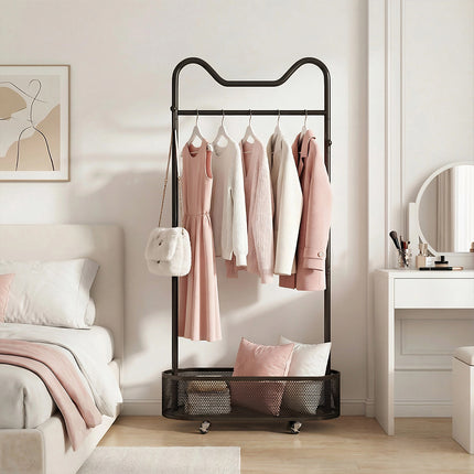 Moveable Clothes Rack 60x34x170cm Metal Frame Mesh Basket Hooks Wheels for Home