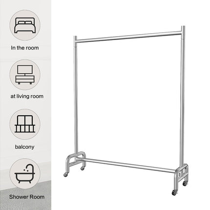 Stainless Steel Floor Standing Clothes Rack with Wheels Mobile Garment Rail