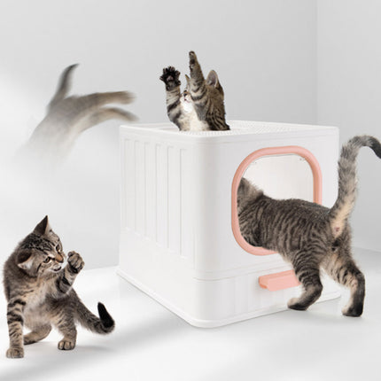 Pink Fully Enclosed Cat Litter Box Large Plastic Toilet for Cats with Lid Tray