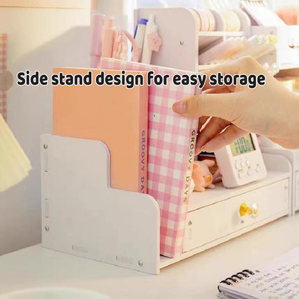Desktop Stationery Organiser Rack with Side Bookend Drawer for Pens Markers
