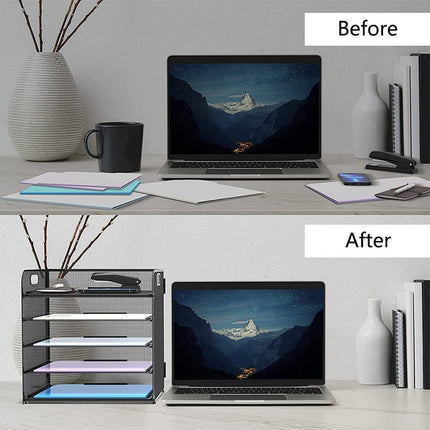 5 Tray Paper Organizer with Handle Mesh Desk File Letter Holder Black Storage