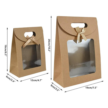 24PCS Kraft Paper Gift Bag Window Handheld Bow Clamshell Packaging Shopping Bag