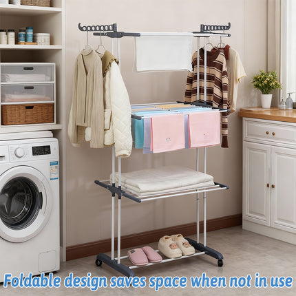 3-Tier Rolling Towel Storage Rack with Wheels Foldable Space Saving Durable Home