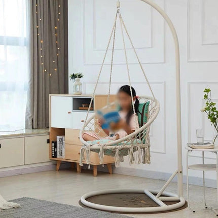 Beige Hammock Swing Chair Cotton Macrame Hanging Rope Seat Indoor Outdoor Patio