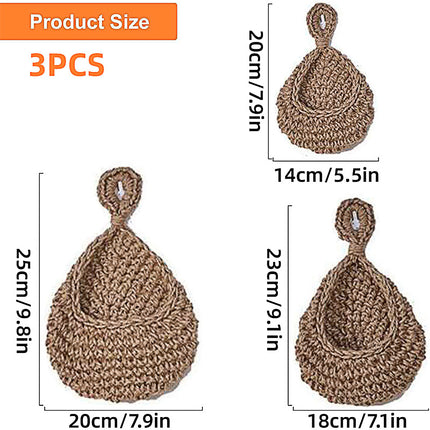 3pcs Boho Hanging Wall Baskets Woven Vegetable Fruit Storage Pouch Kitchen Decor