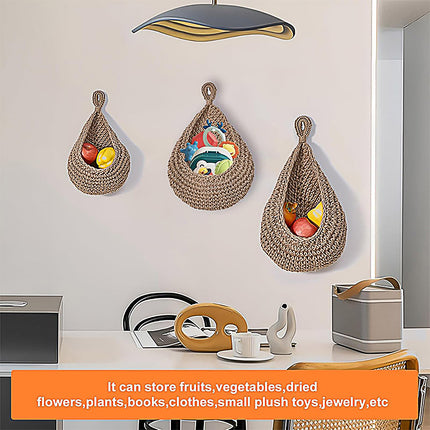 3pcs Boho Hanging Wall Baskets Woven Vegetable Fruit Storage Pouch Kitchen Decor
