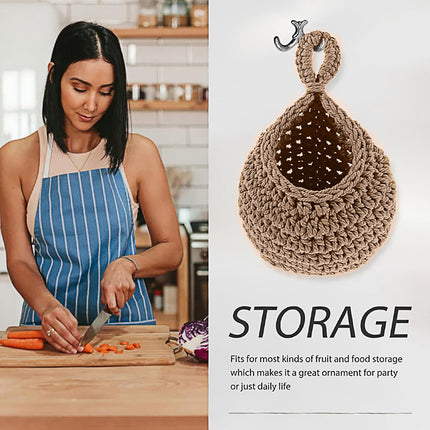 3pcs Boho Hanging Wall Baskets Woven Vegetable Fruit Storage Pouch Kitchen Decor