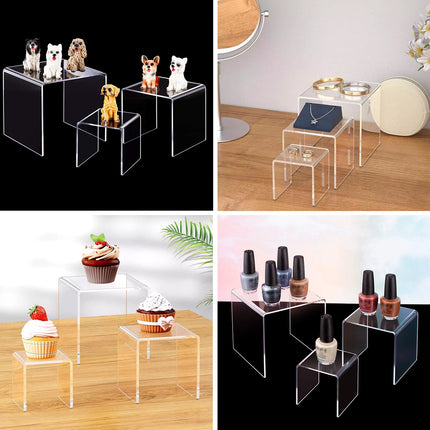 3PCS Clear Square Acrylic Display Stands for Jewelry Rings Watches Dessert Use