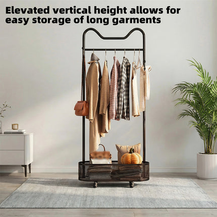 Moveable Clothes Rack 60x34x170cm Metal Frame Mesh Basket Hooks Wheels for Home