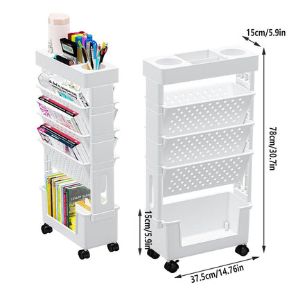 5 Tier Rolling Book Rack Movable Bookshelf Storage Organizer Shelf with Wheels