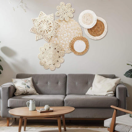 Boho Wall Decor Set 7PCS Handwoven Natural Rattan Cotton Living Room Porch