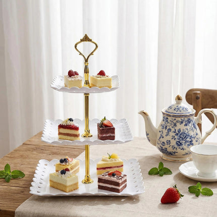 4PCS Set 3 Tier Cake Display Stand White with Gold Accents for Dessert Party