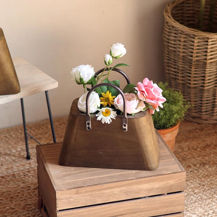 26cm Handbag Shape Flower Pot with Metal Handles in Natural Wood