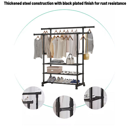 3-Tier Adjustable Height Rolling Clothes Rack Retractable Moveable with Wheels