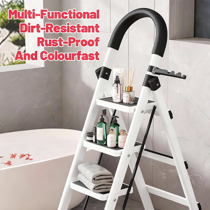 Folding 4 Step Ladder 120cm Carbon Steel White Frame Tool Rack for Home Kitchen