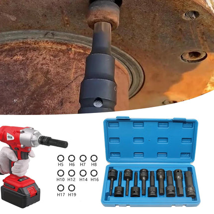 10 Piece Impact Hex Socket Bit Set 1/2 Inch Drive Metric H5 to H19 with Storage Case