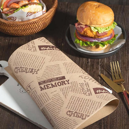 50PCS Kraft Paper Hamburger Pouch Triangle Open Bag Waterproof Disposable Fries