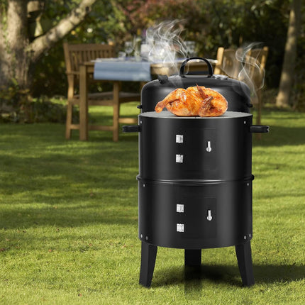 3in1 Portable Charcoal Vertical Smoker BBQ Roaster Grill Steel Water Steamer