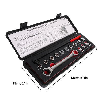 15PCS Ratcheting Serpentine Belt Tool Set CR-V Steel for Car Truck Engine Repair