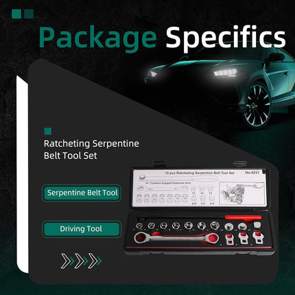 15PCS Ratcheting Serpentine Belt Tool Set CR-V Steel for Car Truck Engine Repair