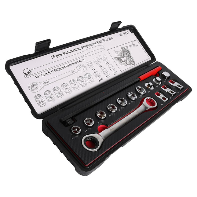 15PCS Ratcheting Serpentine Belt Tool Set CR-V Steel for Car Truck Engine Repair