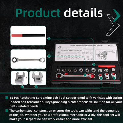 15PCS Ratcheting Serpentine Belt Tool Set CR-V Steel for Car Truck Engine Repair