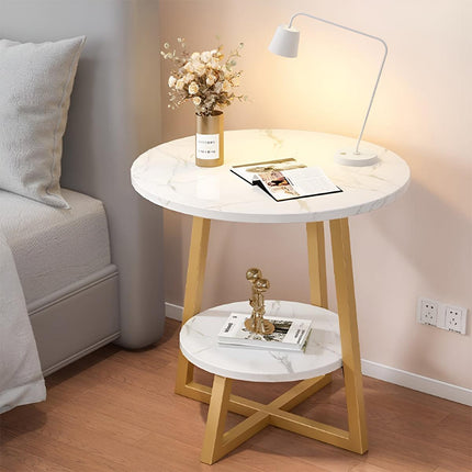 Round Side Table 2 Tier White Nightstand Coffee Sofa End Table Marble Design