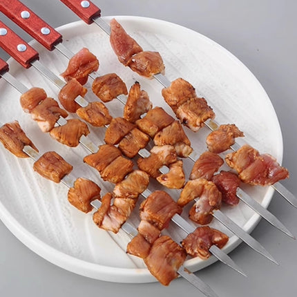 Stainless Steel BBQ Large Wooden Handle Flat Skewer Heat Resistant Easy Clean