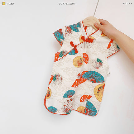 Ethnic Style Lady Tang Suit Dress Printed Cheongsam for Girls