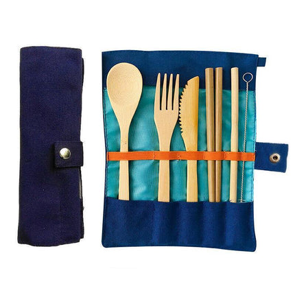 7Pcs Reusable Bamboo Cutlery Set Eco Friendly Camping Travel Fork Kit Portable A - Aimall