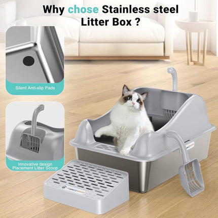 Stainless Steel Litter Box Durable Cat Litter Pan Open Design for Easy Cleaning