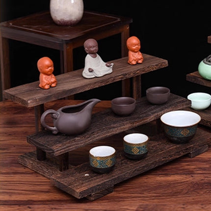 Solid Wood Step Shelf Display Rack Rustic Style Sturdy Durable Space Saving