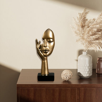 Abstract Face Resin Sculpture in Gold with Black Base for Living Room