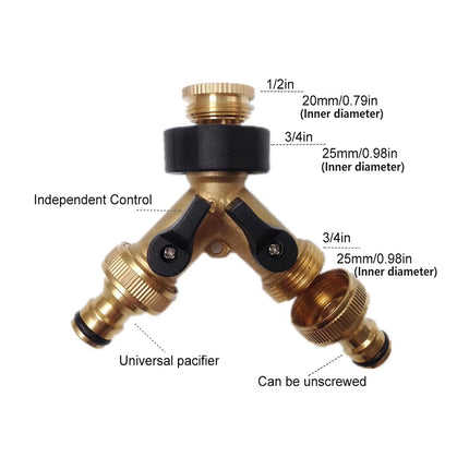 2 Way Solid Brass Hose Splitter 2-Way Hose Connector With Shut OFF/ON Valves
