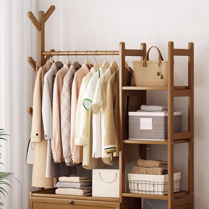 Bamboo Floor-Standing Clothes Rack with Drawers and Hooks Multi-Purpose Durable