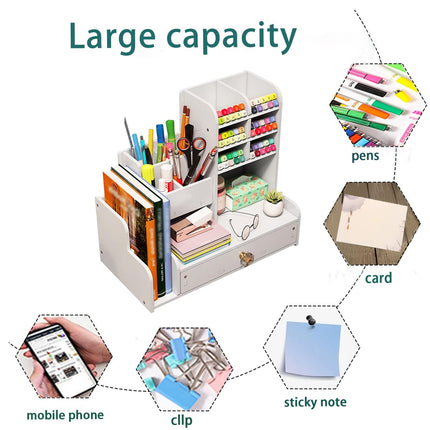 Desktop Stationery Organiser Rack with Side Bookend Drawer for Pens Markers