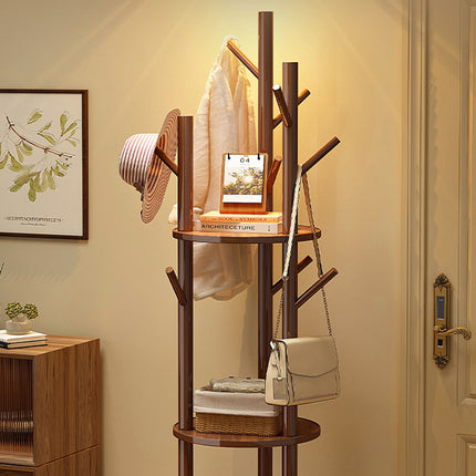 Solid Wood Floor-Standing Coat Rack with 8 Hooks Space Saving for Home Entryway