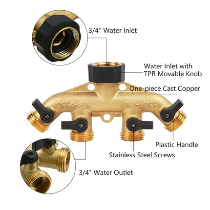 4Way Solid Brass Hose Splitter Quick Connector Shut Off Valves 3-4 Tap Outlet